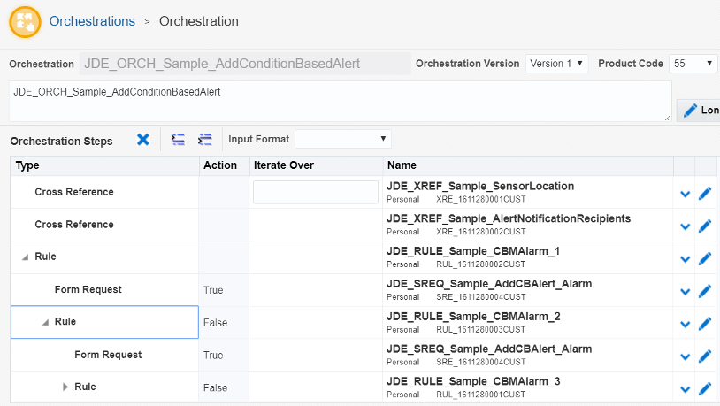 Steps in the AddConditionBased Alert Sample Orchestration in the Orchestrator Studio