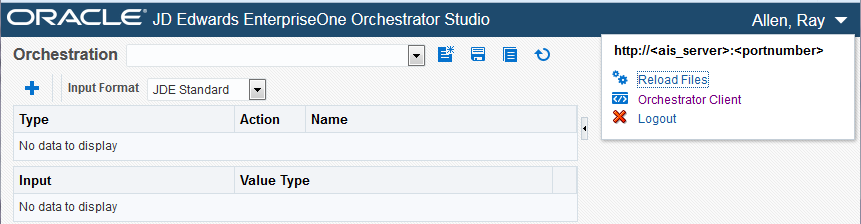 Orchestrator Studio Drop-down Menu.