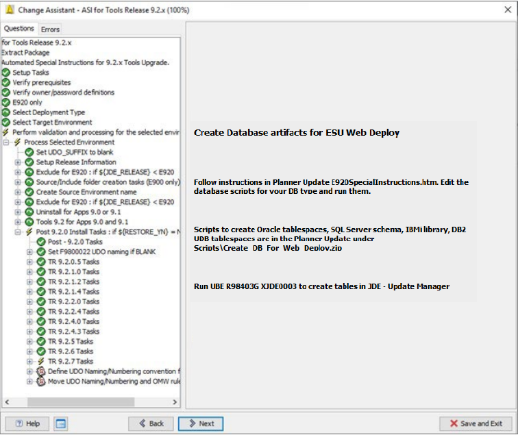 Create Database Artifacts for ESU Web Deploy