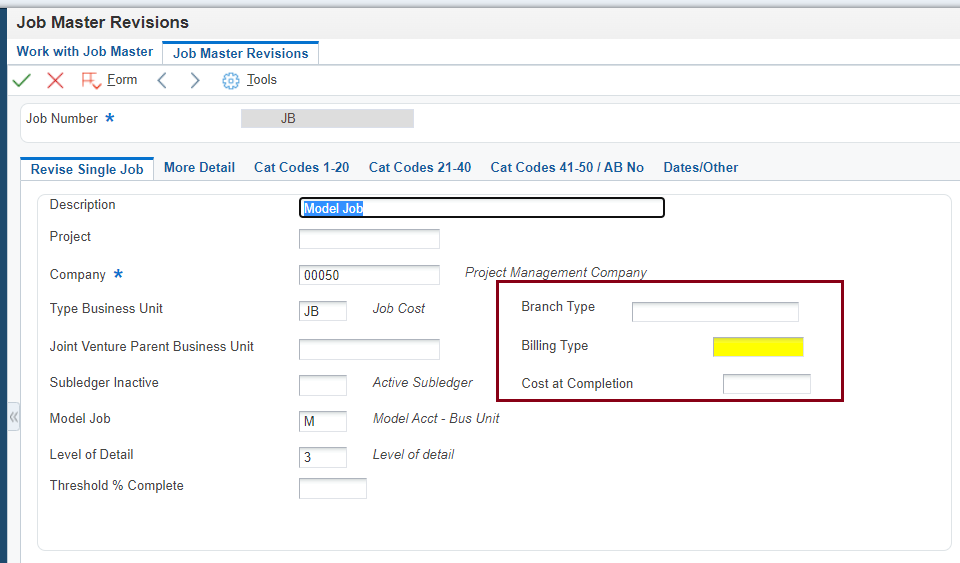 Job Master Revisions
                      Form with Fields