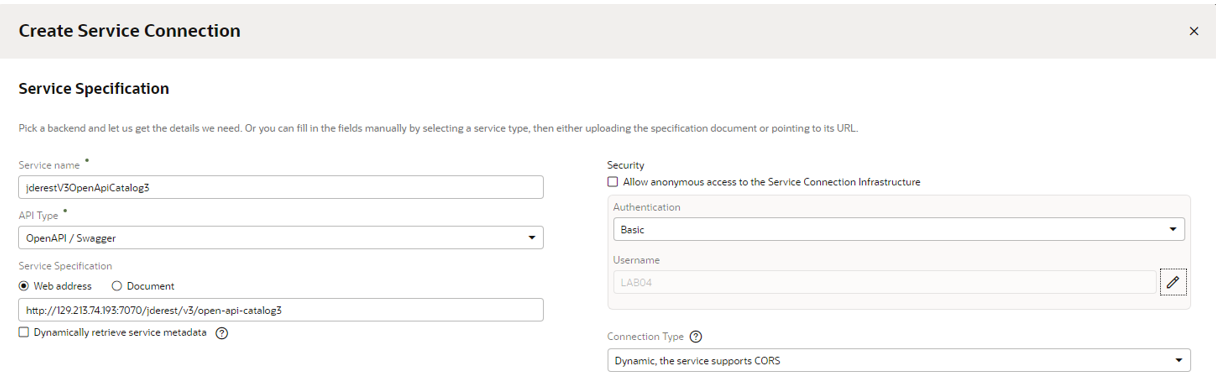 Create Service Connection Window