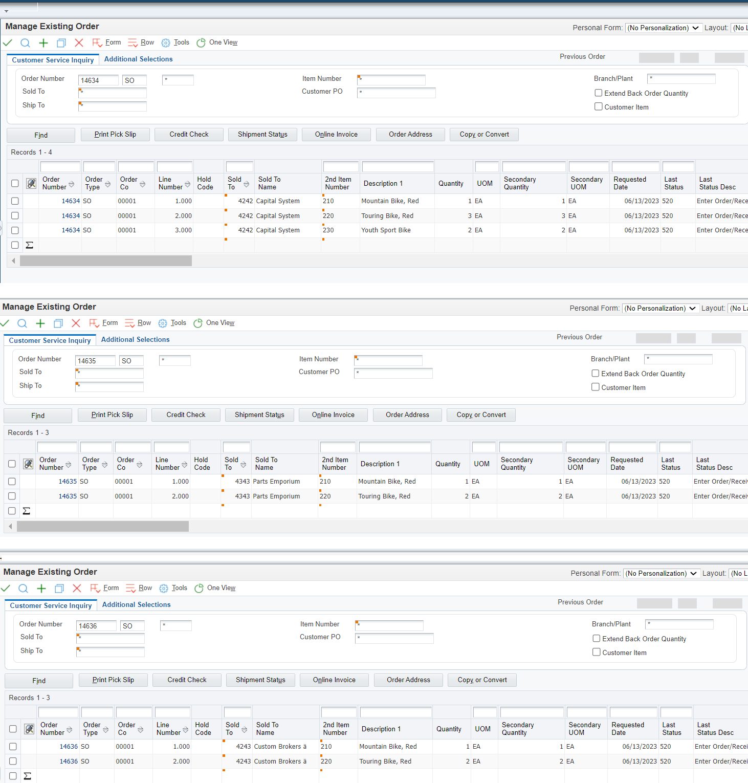  Manage Existing Order Window