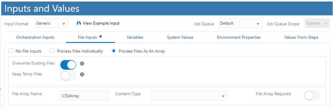 Inputs and Values Window