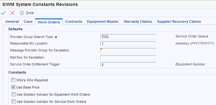 S/WM System Constants Revisions form: Work Orders tab