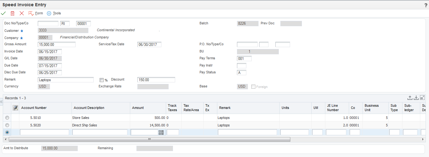 Speed Invoice Entry form