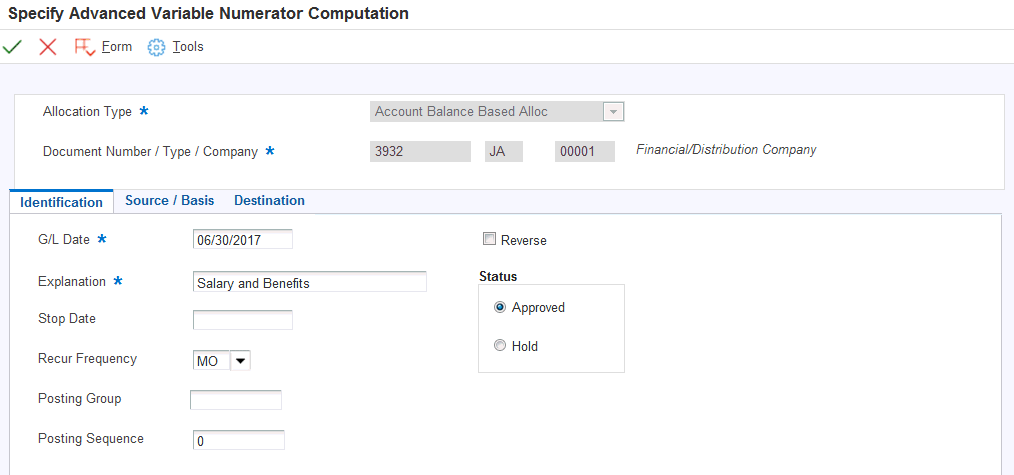 Specify Advanced Variable Numerator Computation form: Identification tab.