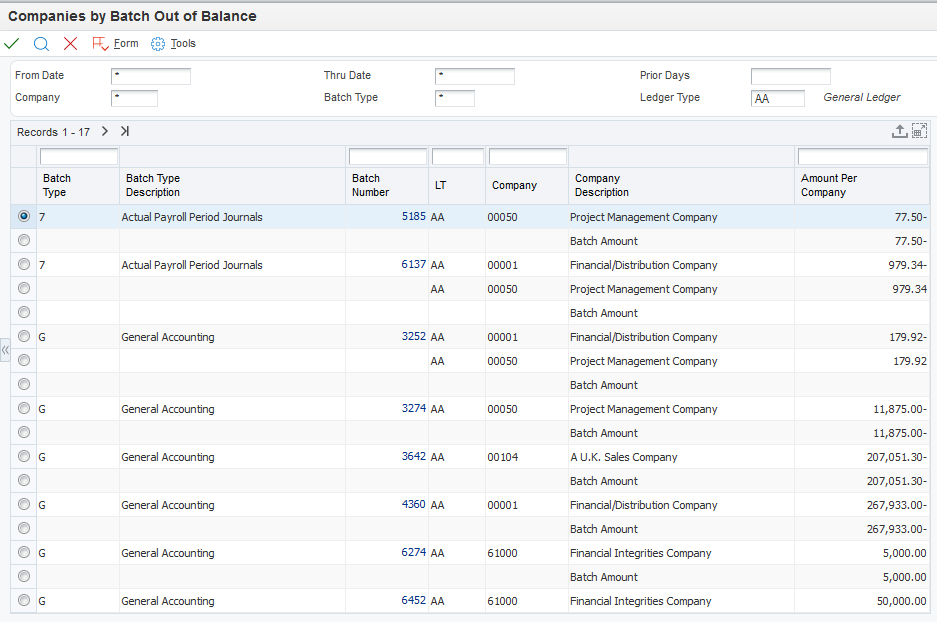 Companies by Batch Out of Balance form