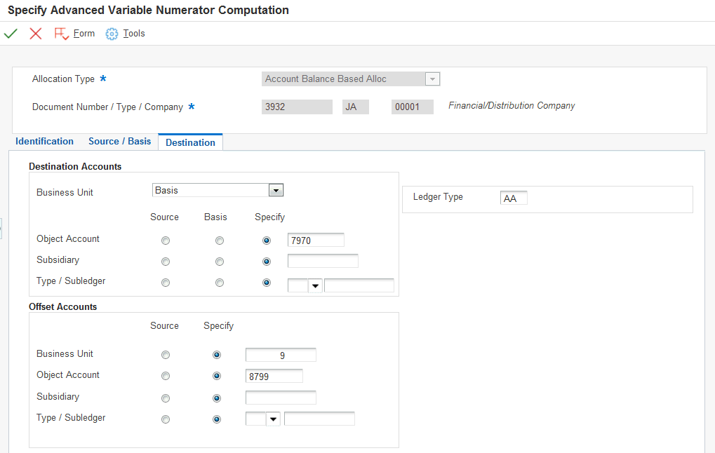Specify Advanced Variable Numerator Computation form: Destination tab
