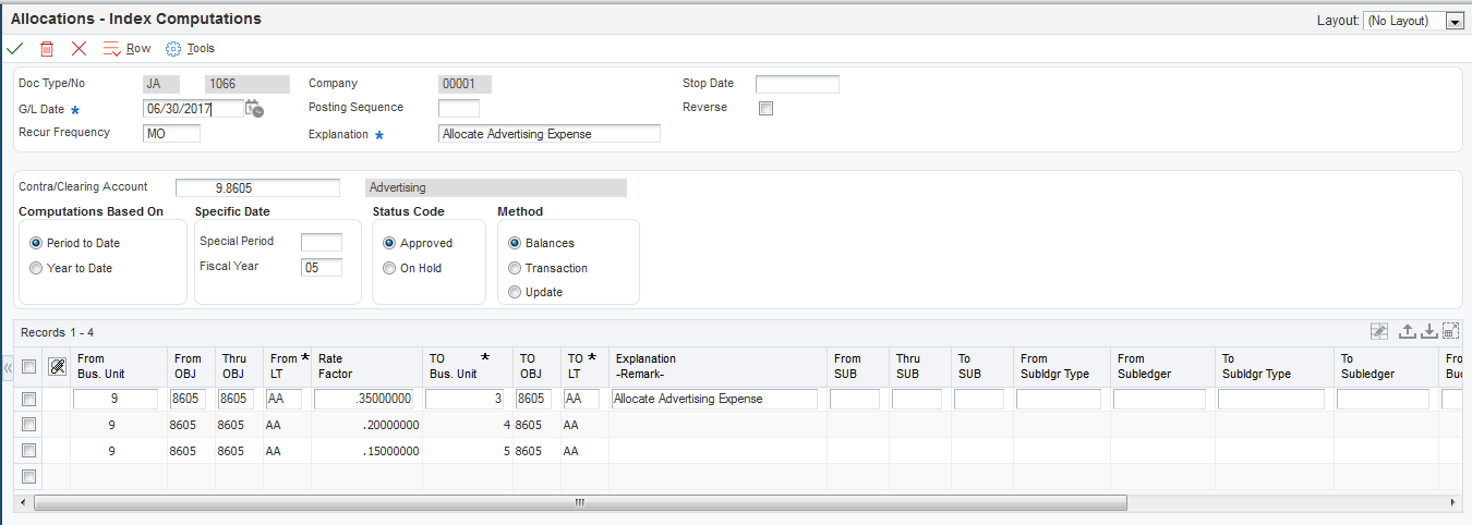 Allocations - Index Computations form