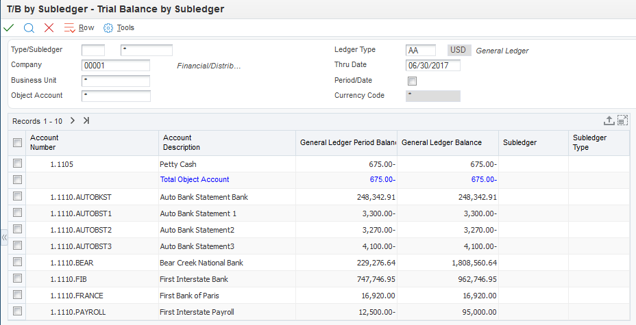 Trial Balance by Subledger form