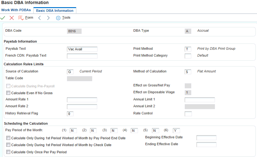 Example of Basic DBA Information form showing limit
