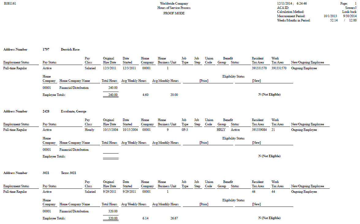 ACA Hours of Service Report - Proof Mode