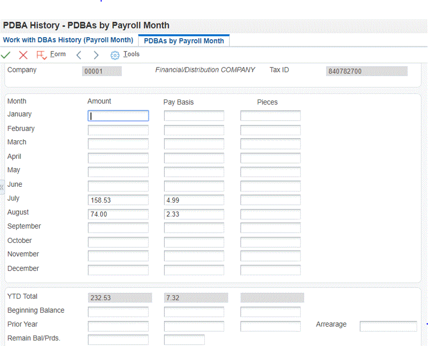 PDBAs by Rollup Month Screen Showing Increments in Values of Accruals