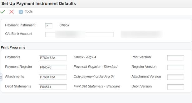 Print programs set up for the check payment instrument
