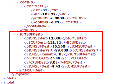 ICMS Differential Tags in NF-e XML File