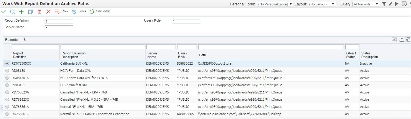 Example: Work with Report Definition Archive Paths (P95641) Program