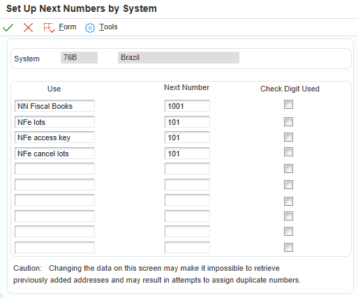 Set Up Next Numbers by System form