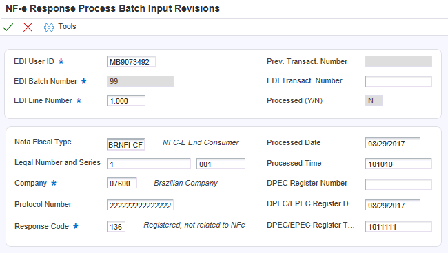 NF-e Response Process Batch Input Revisions form