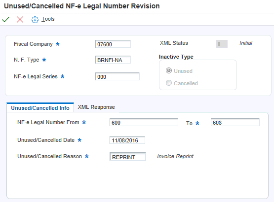 Unused/Cancelled NF-e Legal Numbers Revisions form - Unused/Cancelled Info tab
