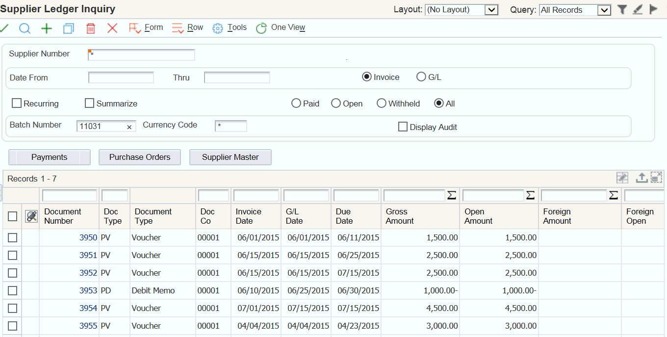 Supplier Ledger Inquiry form