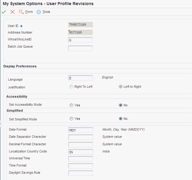 User Profile Revisions form