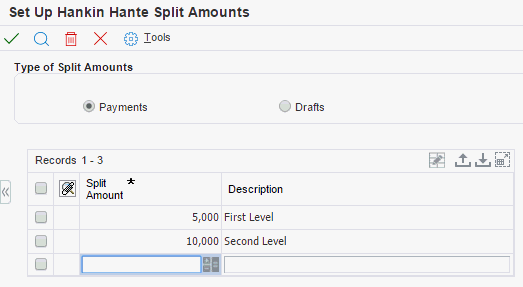 Set Up Hankin Hante Split Amounts form.