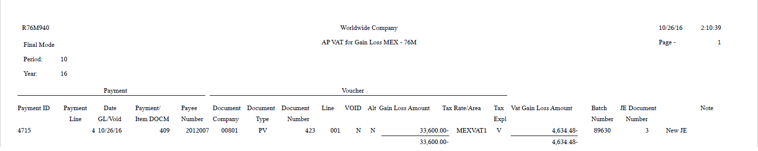 Example of AP Vat for Gain Loss Report (R76M940) (Release 9.2 Update)