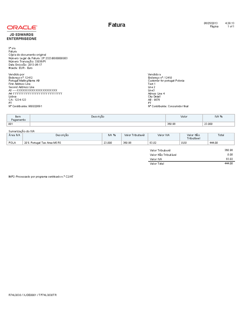 Sample Imported Invoice Print for Portugal