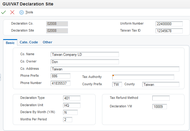 GUI/VAT Declaration Site form, Basic tab.