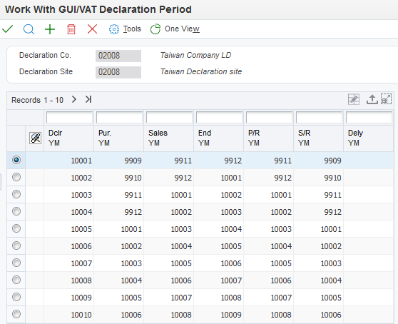 GUI/VAT Declaration Period Revisions form.