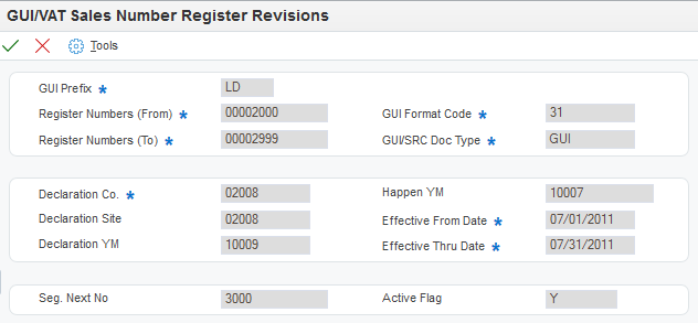 GUI/VAT Sales Number Register Revisions form.