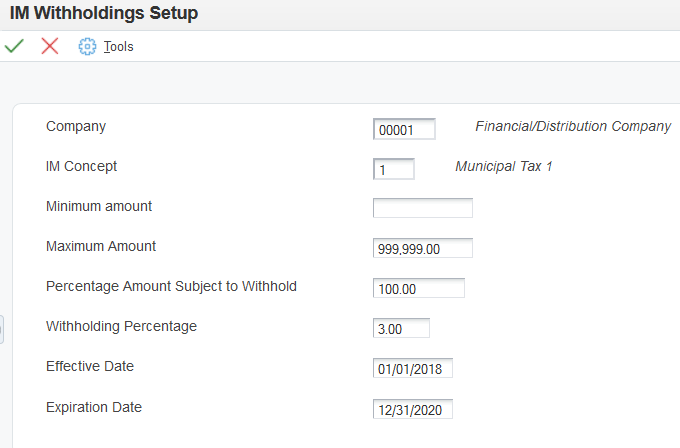 IM Withholdings Setup form.