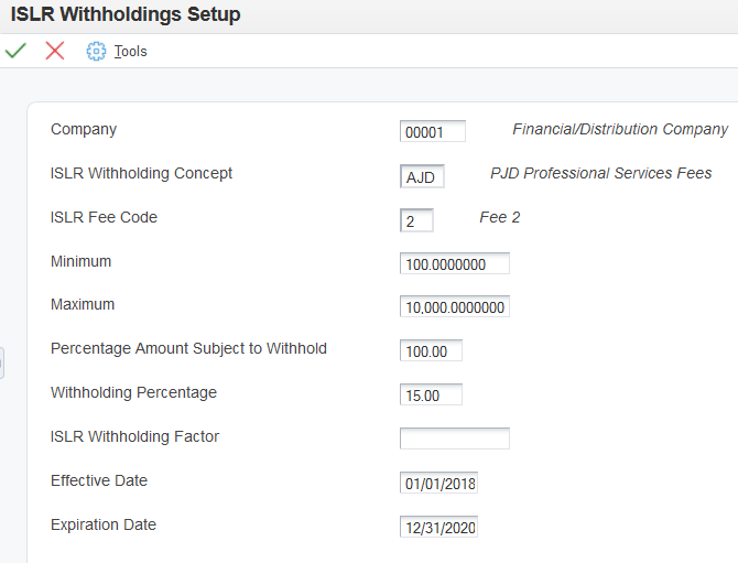 ISLR Withholdings Setup form.