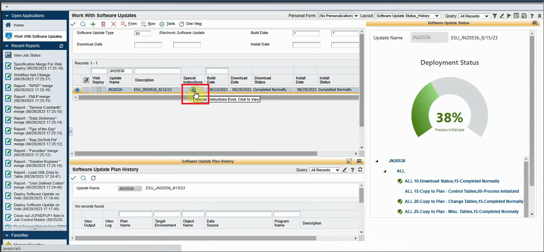 Work With Software Updates Form - Special Instructions icon