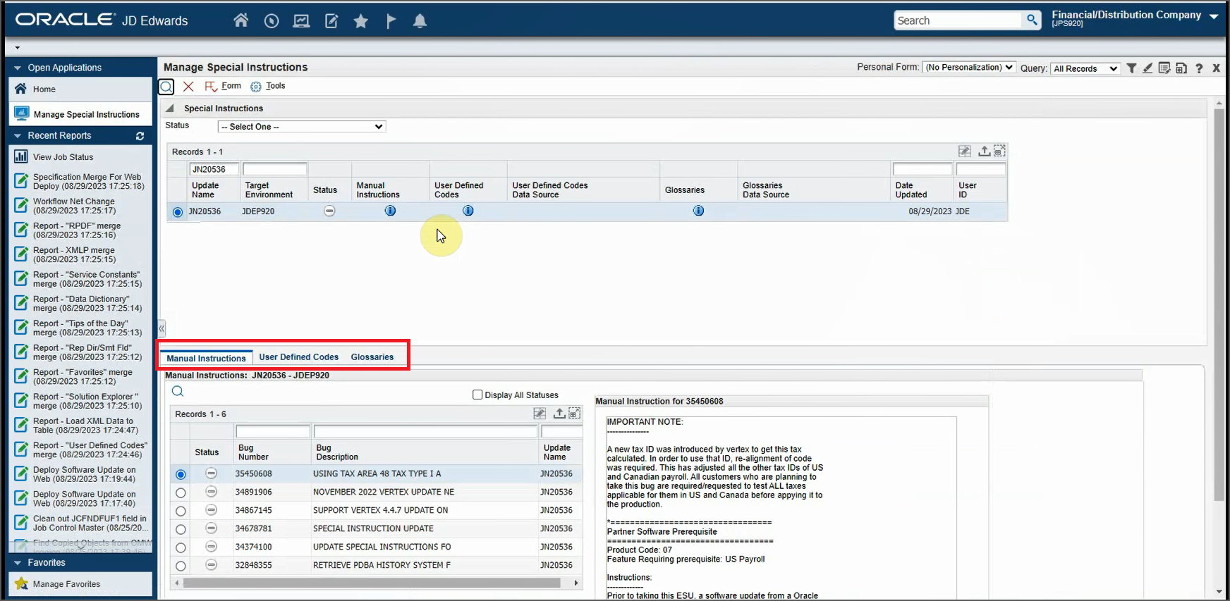 Manage Special Instructions Form