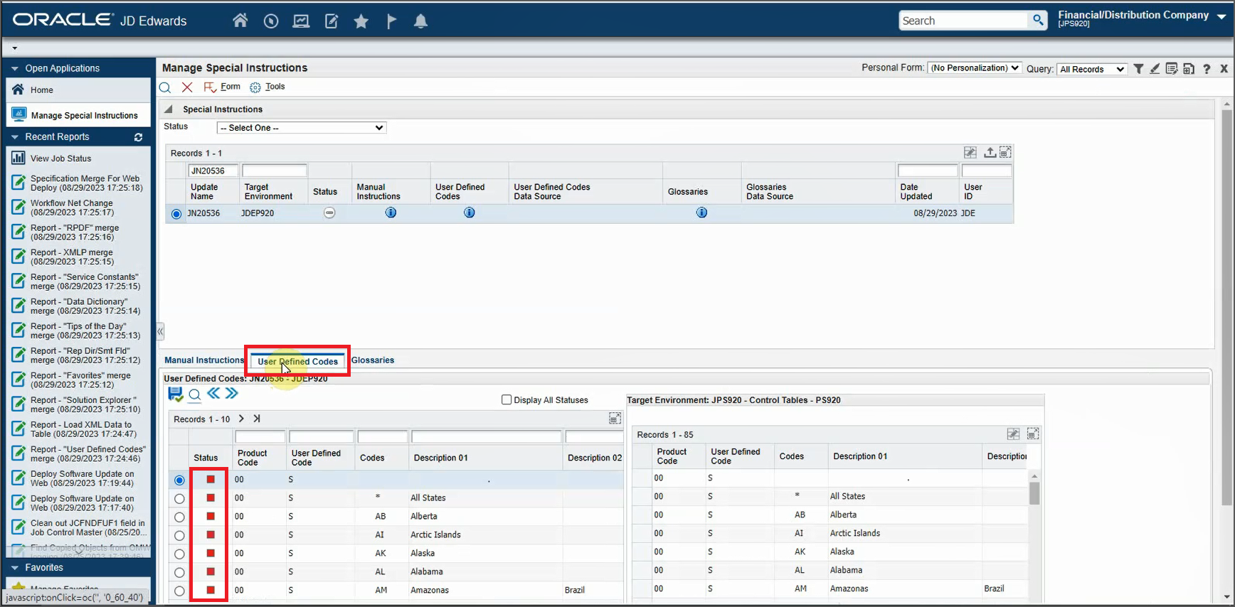 Manage Special Instructions Form - User-Defined Codes Tab