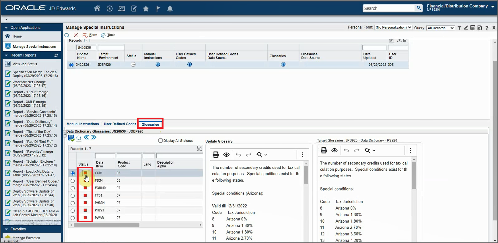 Manage Special Instructions Form - Glossaries Tab