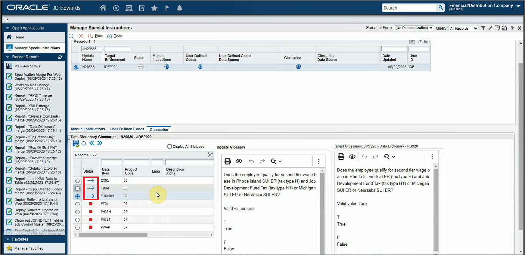 Manage Special Instructions Form - Glossaries Status Update