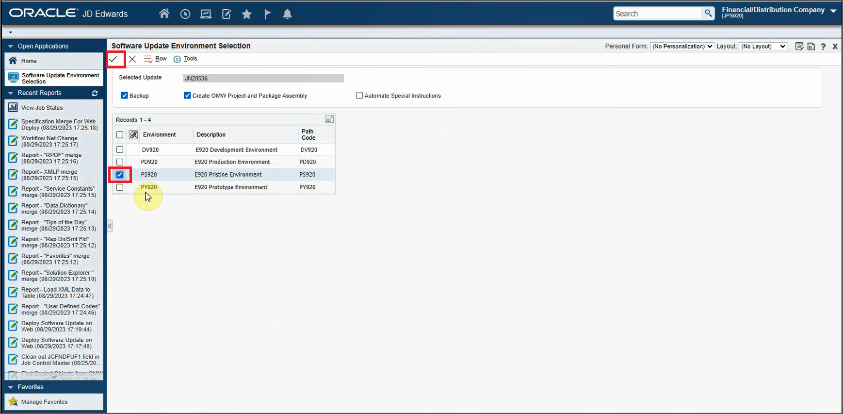 Software Update Environment Selection Form