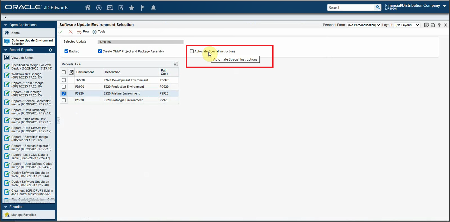 Software Update Environment Selection Form -Automate Special Instructions