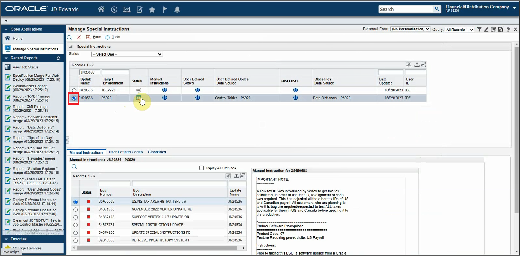 Manage Special Instructions Form - Target Environment Selection