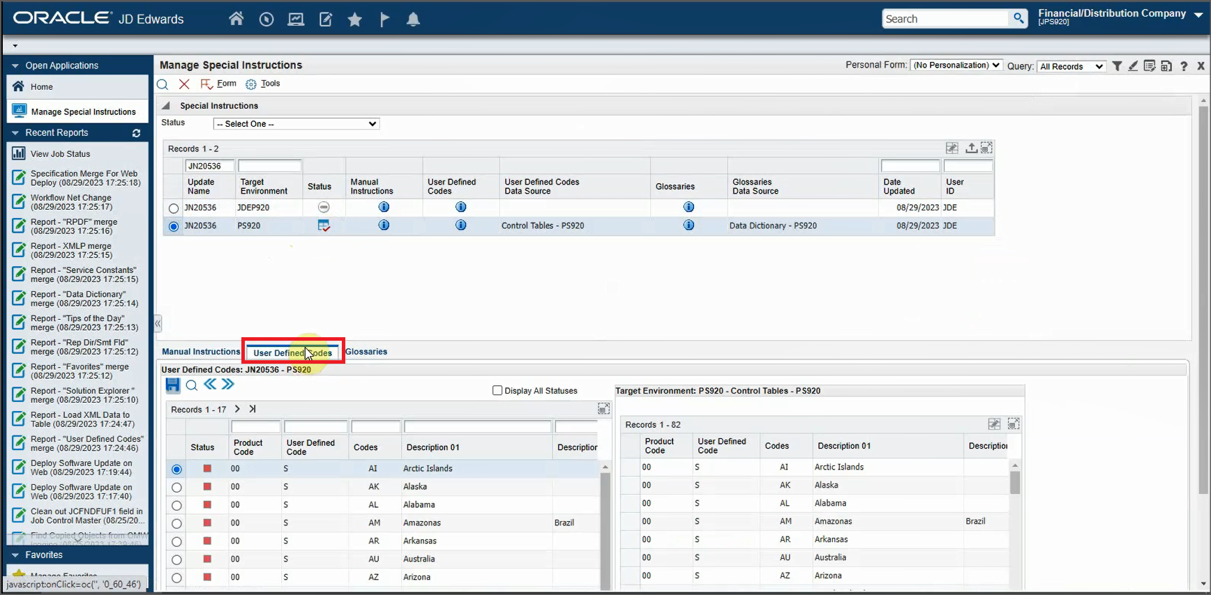 Manage Special Instructions Form - User-Defined Codes Tab