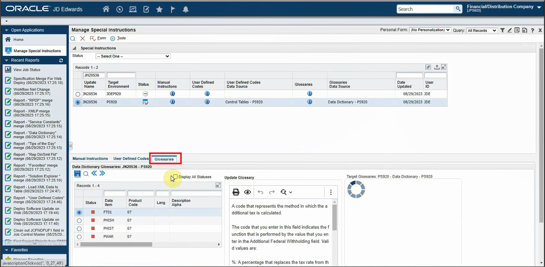 Manage Special Instructions Form - Glossaries Tab
