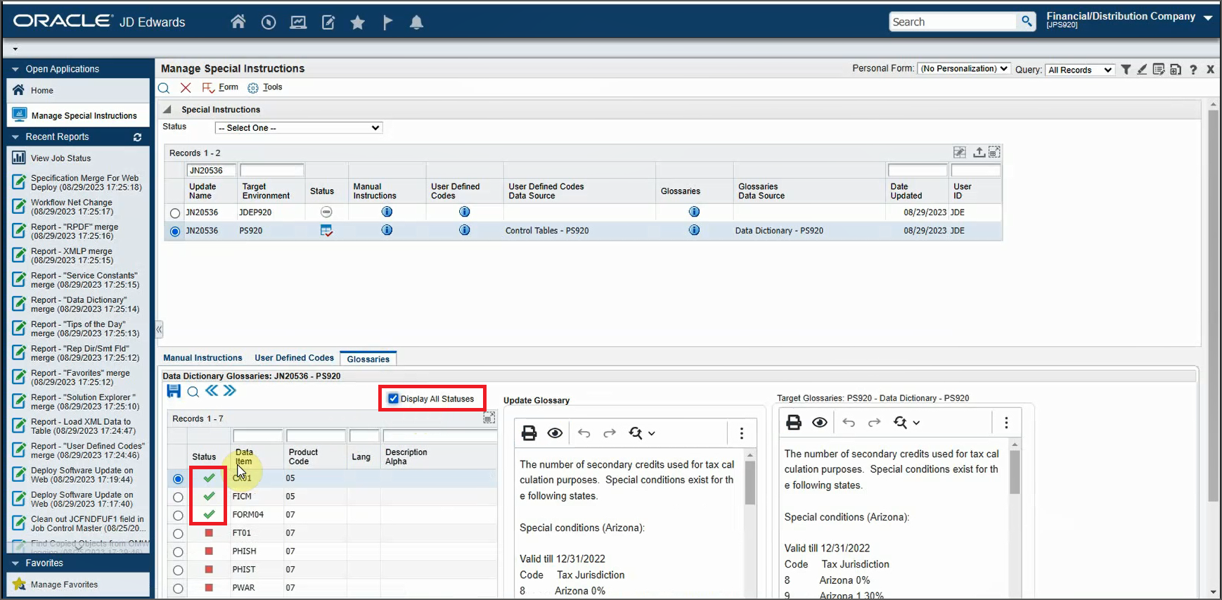 Manage Special Instructions Form - Glossaries Tab Display All Statuses Option
