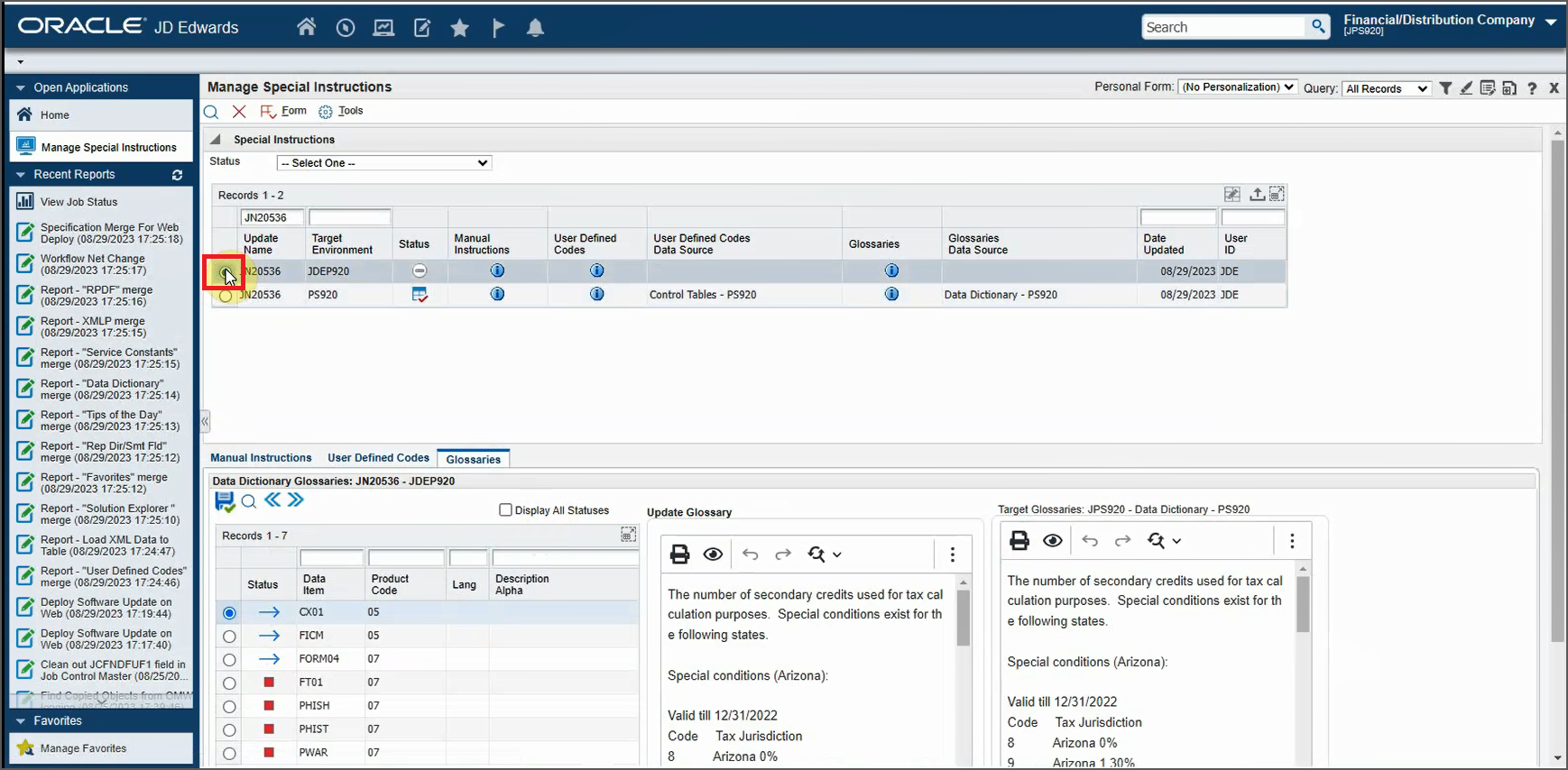 Manage Special Instructions Form - Staging Environment