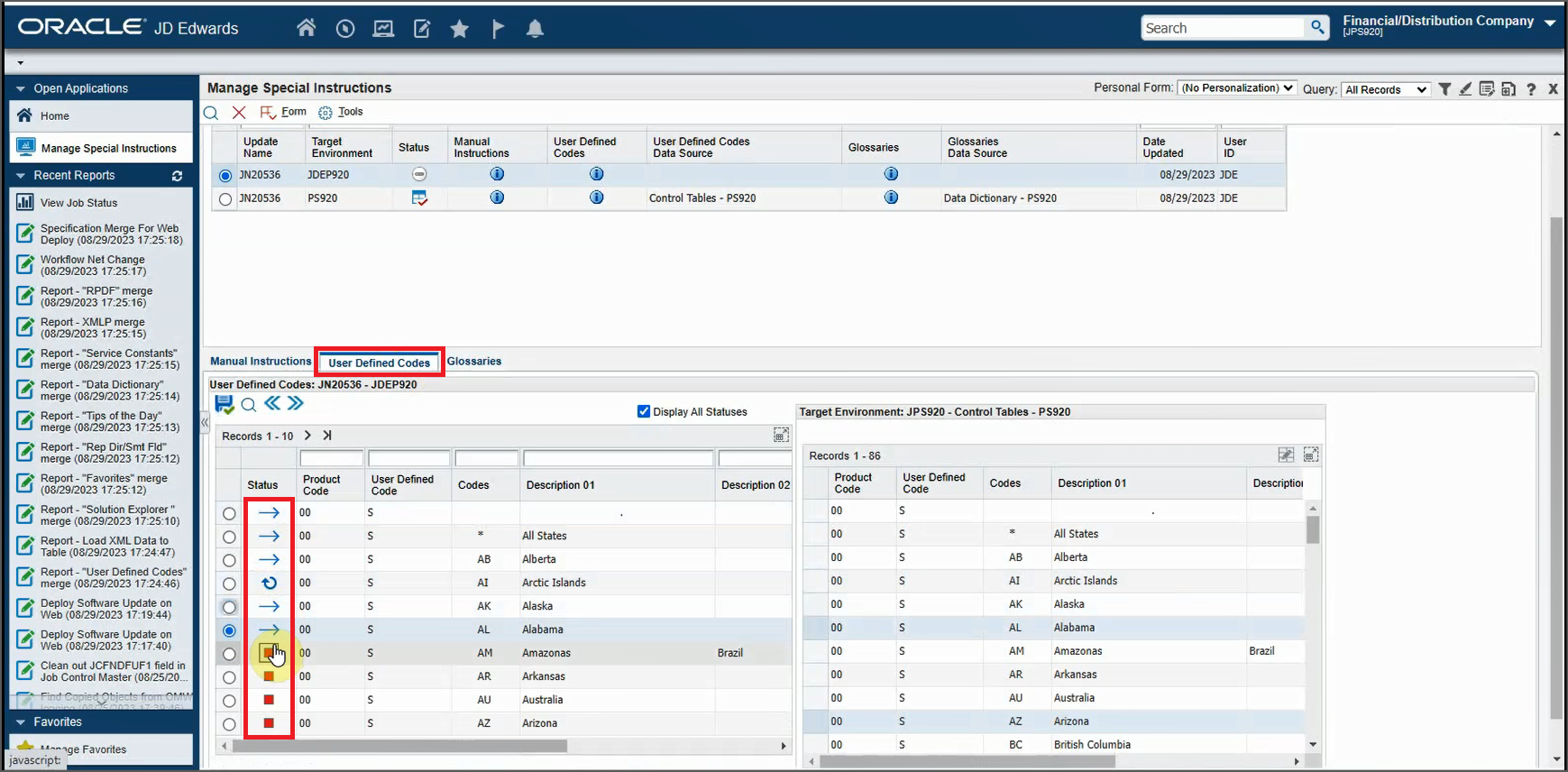Manage Special Instructions Form - User-Defined Codes Tab UDC Status Update