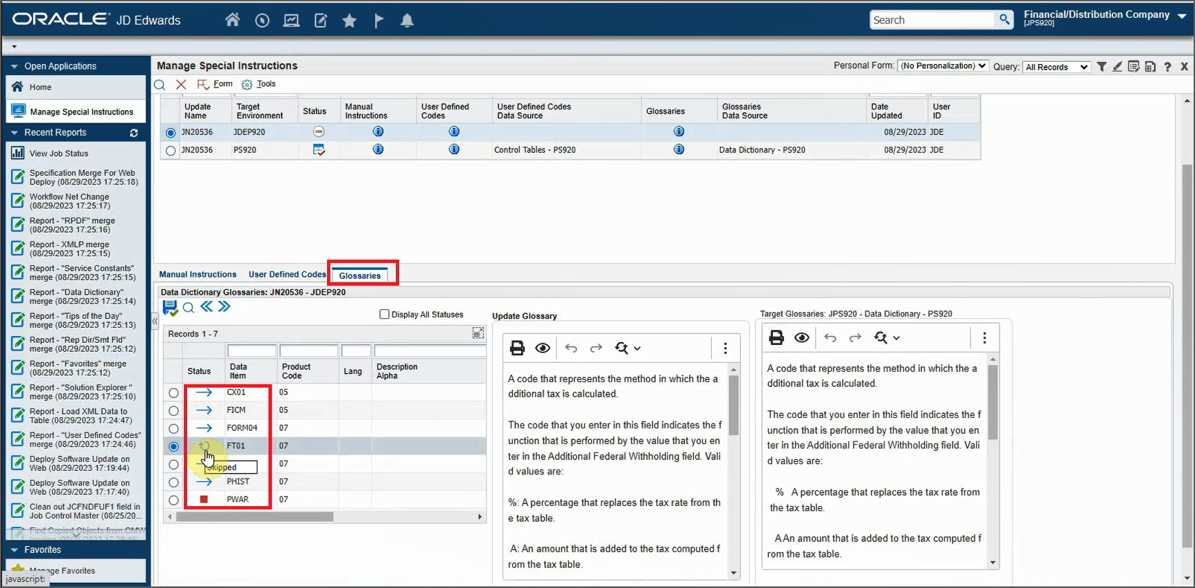Manage Special Instructions Form - Glossaries Tab