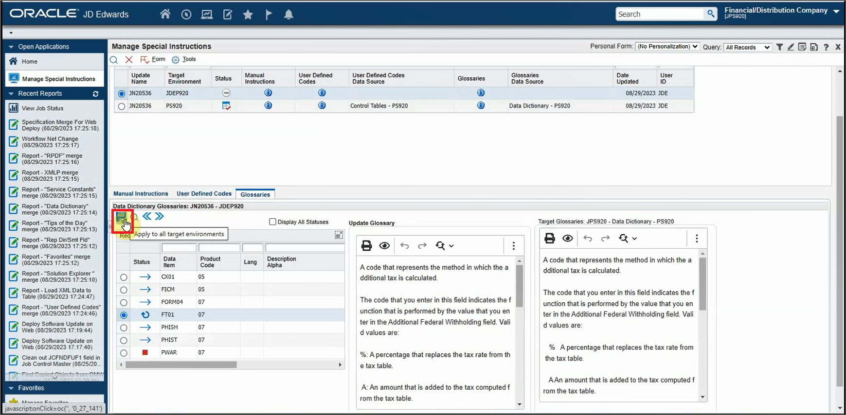 Manage Special Instructions Form - Glossaries Tab (Apply to all target environments Option)