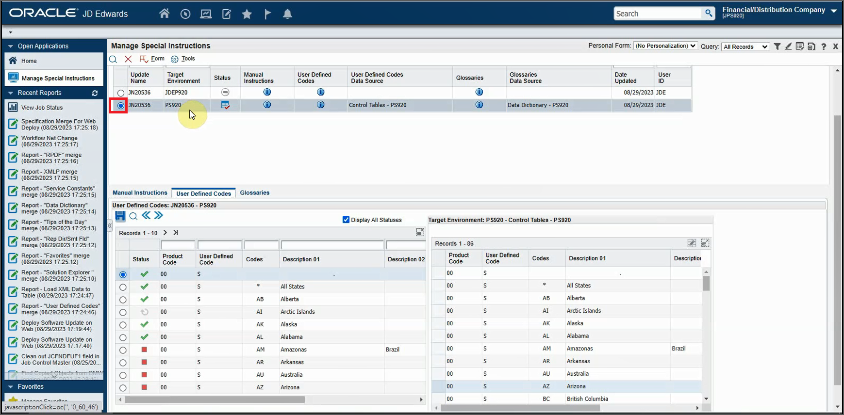 Manage Special Instructions Form - Target Deployed Environment