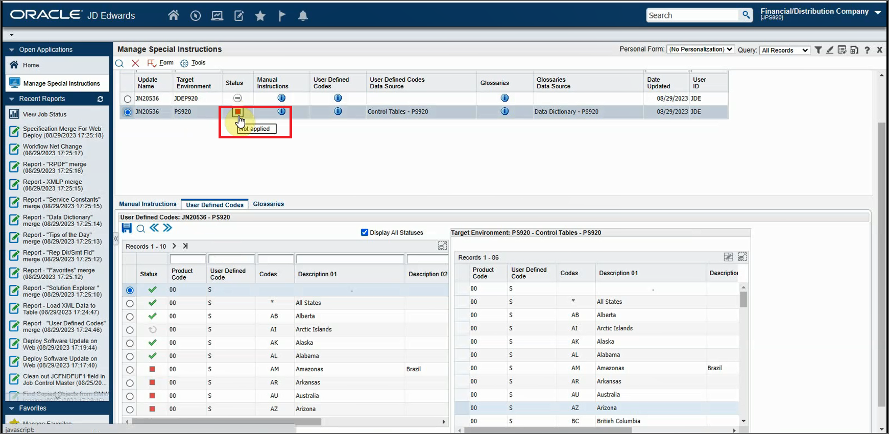 Manage Special Instructions Form - Target Deployed Environment Status